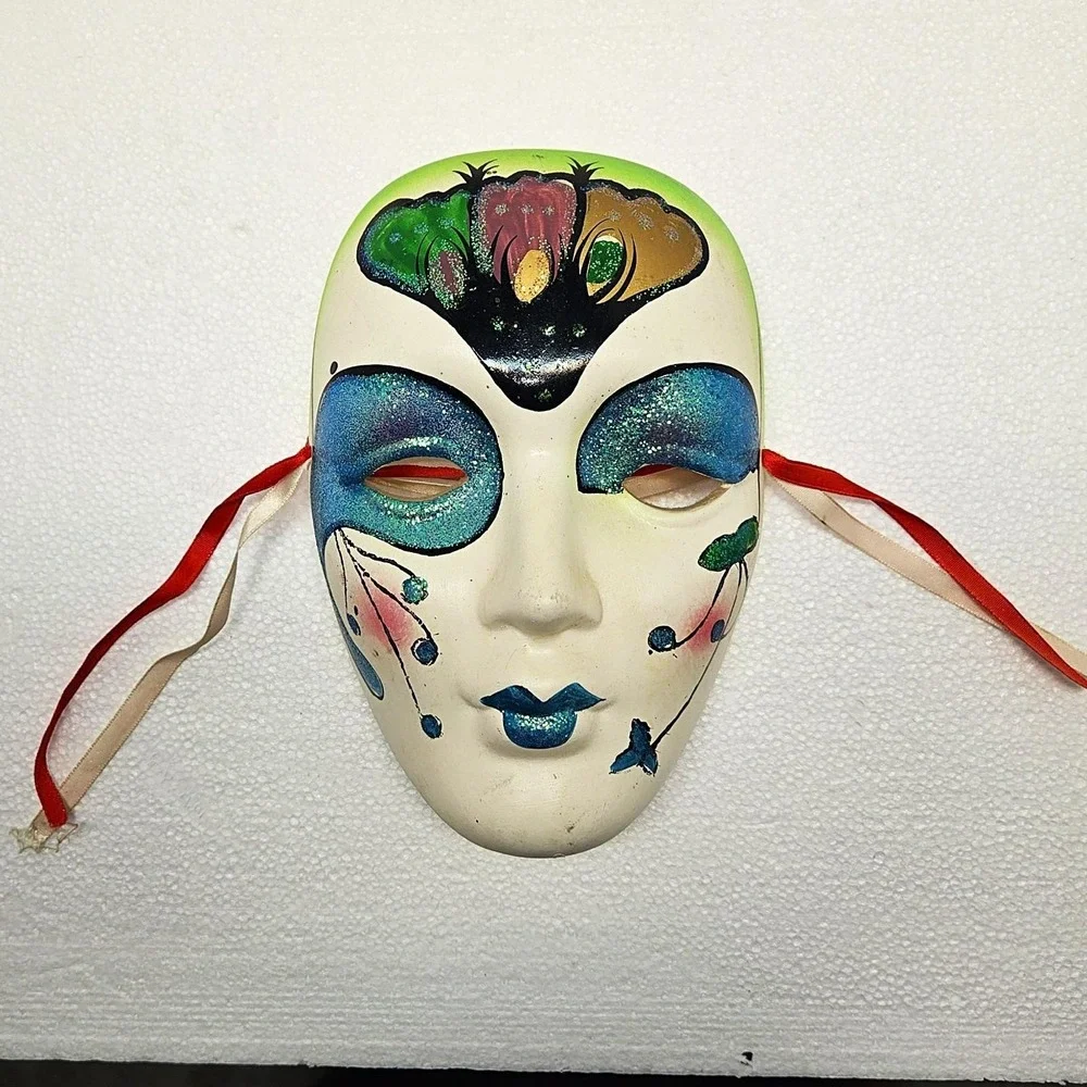 Vintage Hand-Painted Venetian Style Ceramic Wall Masks–Set of 3–Glitter‎ Accents